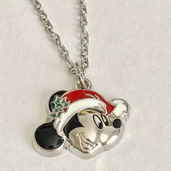 Vintage Disney Mickey Mouse Christmas Necklace Santa Hat 18" Chain Enamel Signed - Picture 6 of 9